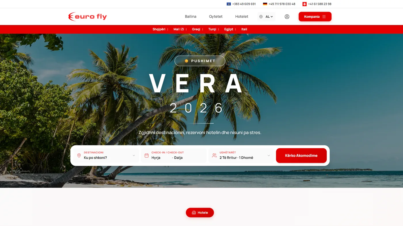 Webfaqe për kompaninë e udhëtimeve Eurofly, ndërtuar nga Innovio Studio