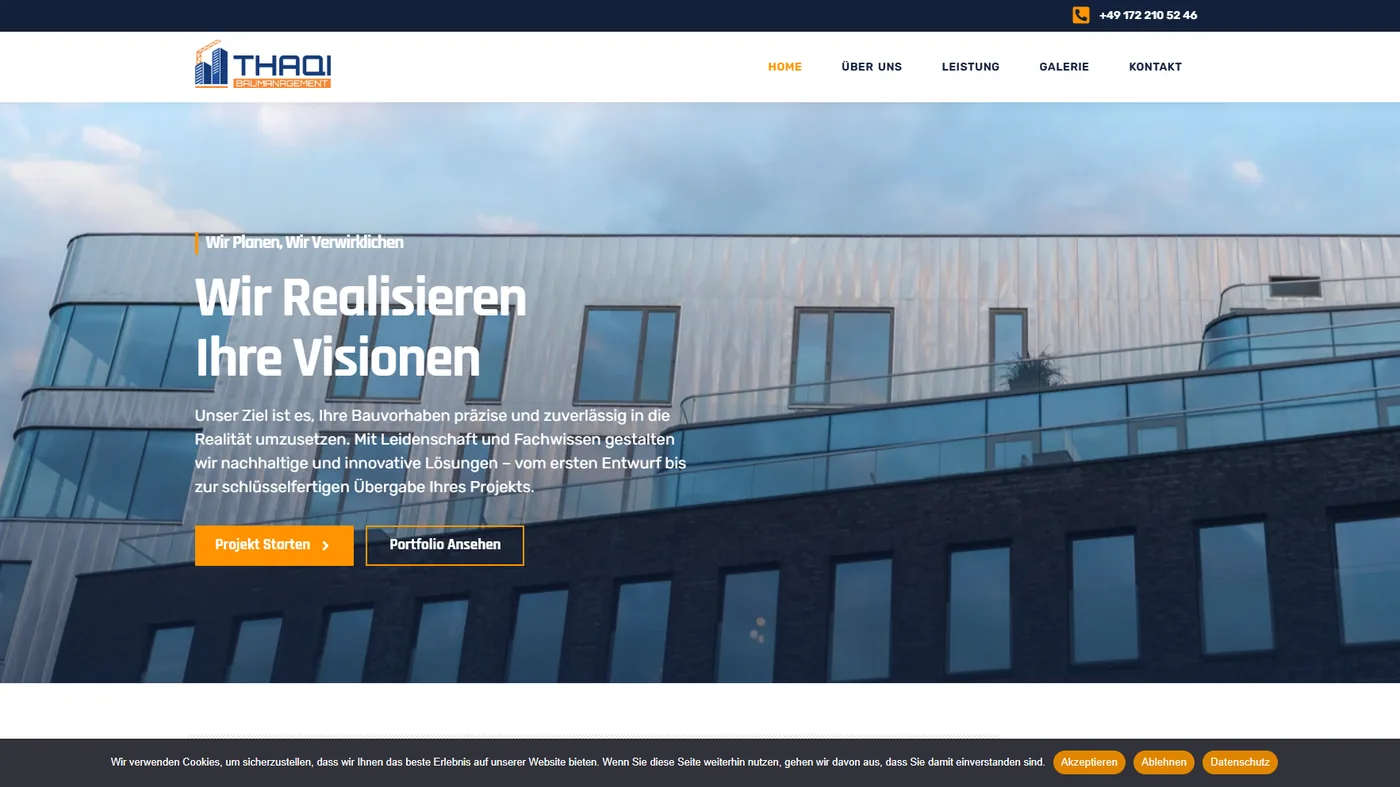 Webfaqe për Thaqi Baumanagement, ndërtuar nga Innovio Studio